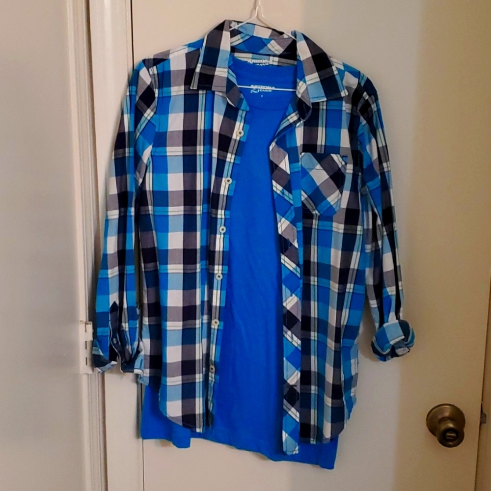Long sleeve plaid shirt for boys and small short sleeve t-shirt